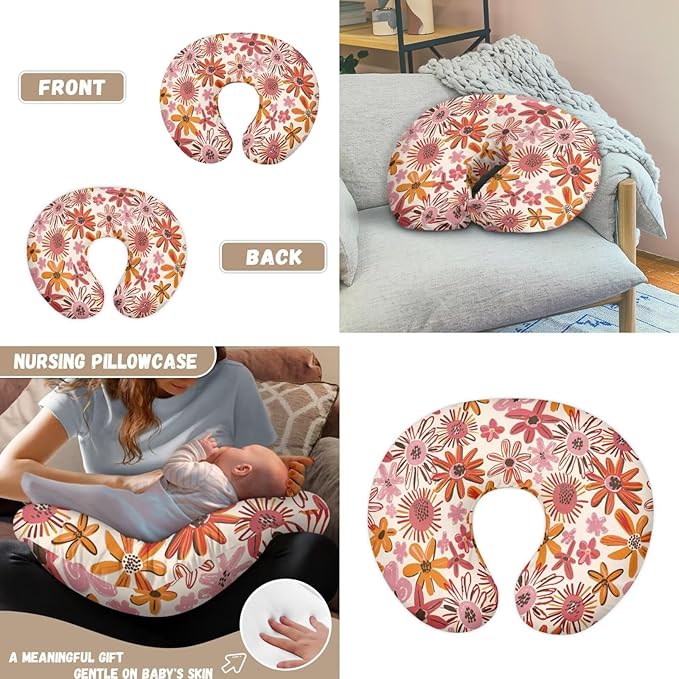 Hippie Floral Blossoms Car Seat Cover and U Shaped Pillow Cover Set of 2 Piece Strechy 5-in-1 Adjustable Car Canopy Breastfeeding Covers Nursery Breathable Nursing Cover-Up