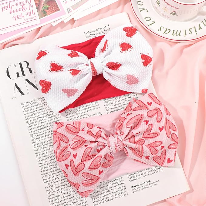 Valentines Bows for Baby Girls 6'' Large Nylon Headband Handmade Hairbands with Bows Red Light Pink Heart Baby Valentines Day Gifts Hair Accessories Kids