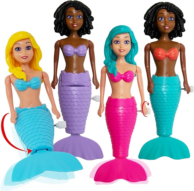 Kiddie Play Mermaid Toys – 4 Pc Wind-Up Mermaid Dolls Bath and Pool Swim Toys for Kids Toddlers, Mermaids Gifts for Girls