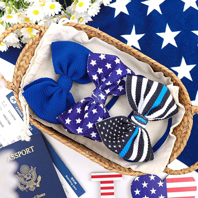 YanJie Baby Bows Nylon Blue Headbands for Infant Girls Police Support Hair Bow for Newborn Toddler National Police Week Hair Accessories Blue Line Flag