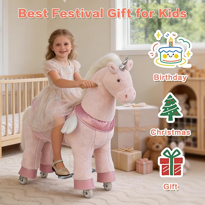 Ride on Unicorn Toys for Kids, Ride on Toy for Girls 4 to 9 Years Old, 36.6'' Height Riding Horse Rider Mechanical Walking Action Plush Animal, No Battery or Electricity, Max Load 165LBS - Pink