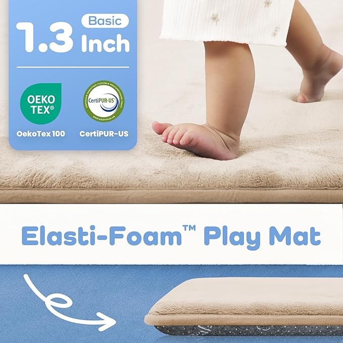 1.3" Thick Baby Floor Play Mat 79x118, Basic Padded Foam Mat for Tummy Time Crawling, Non Slip Cushioned for Babies Toddlers Infants Kids (Beige)