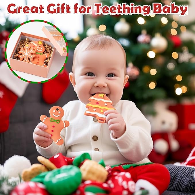 Christmas Baby Silicone Teething Toys - 3Pcs Gingerbread Tree Snowflake Design Baby Soothe Teething Chew Toys Infants Soft Teether Toys Toddler The First Christmas Gifts for Babies Newborn 6-12 Months
