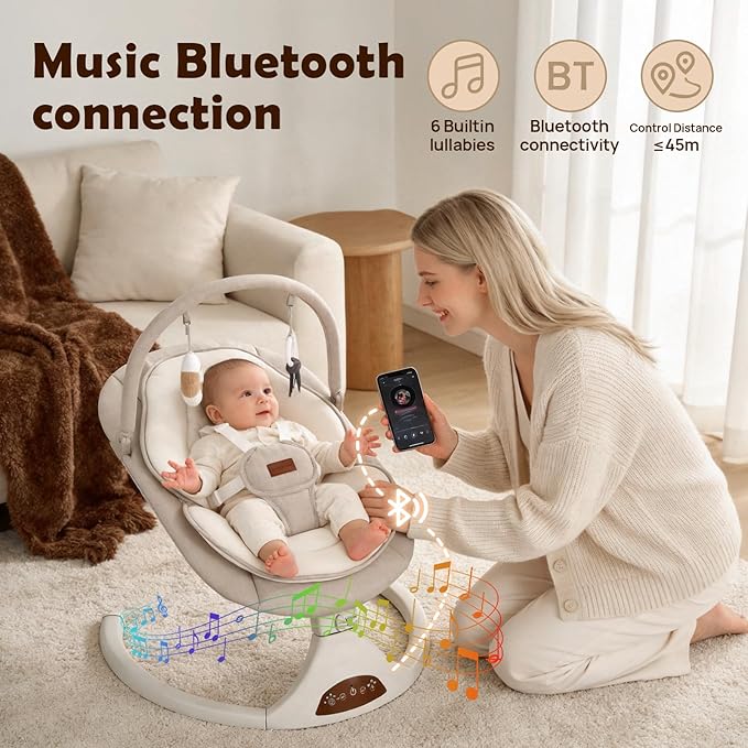 Baby Swings for Infants, Portable Infant Swing with 5-Speed Settings, Bluetooth Music & Timer, Suitable for Newborns up to 9 Months (Beige)