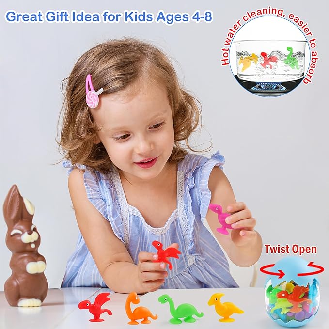 Baby Suction Cups, 16PCS Silicone Dinosaur Sucker Toys with Eggshell Storage, Sensory Bath Toys for Kids Ages 4-8, Counting Learning Color Tool, Window Toy, Easter Egg Gifts for Boys Girls Ages 3+