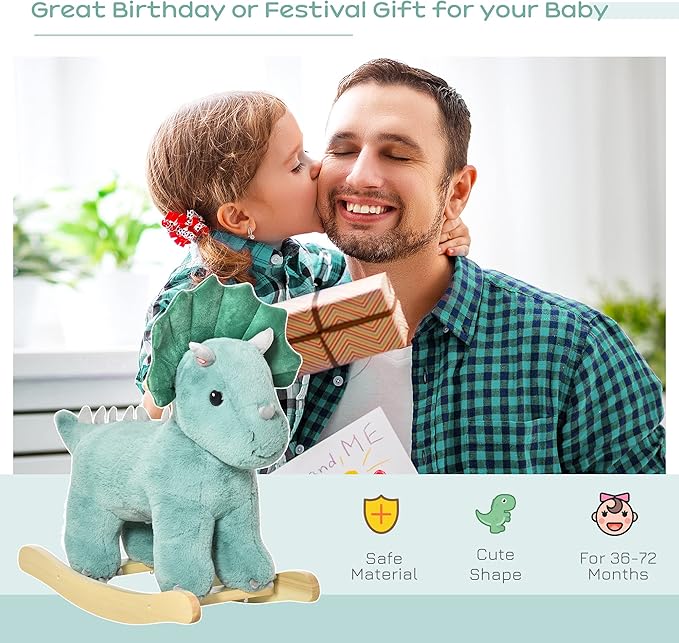 Qaba Kids Plush Ride-On Rocking Horse Triceratops-Shaped Plush Toy Rocker with Realistic Sounds for Child 36-72 Months Dark Green