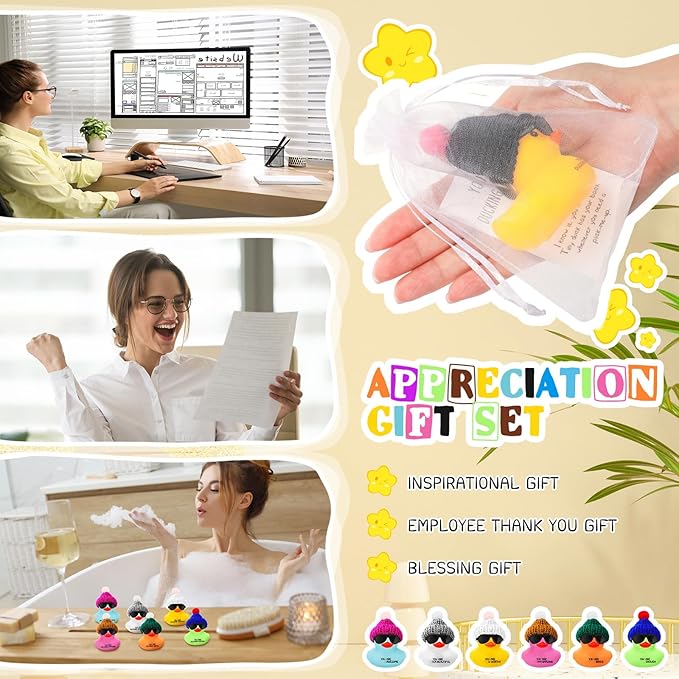 Liliful 2 Inch Rubber Employee Appreciation Gift Ducks Bulk with Hats Glasses You Are Awesome Sign Card for Staff Team Coworker Friends(36 Sets,Colorful)