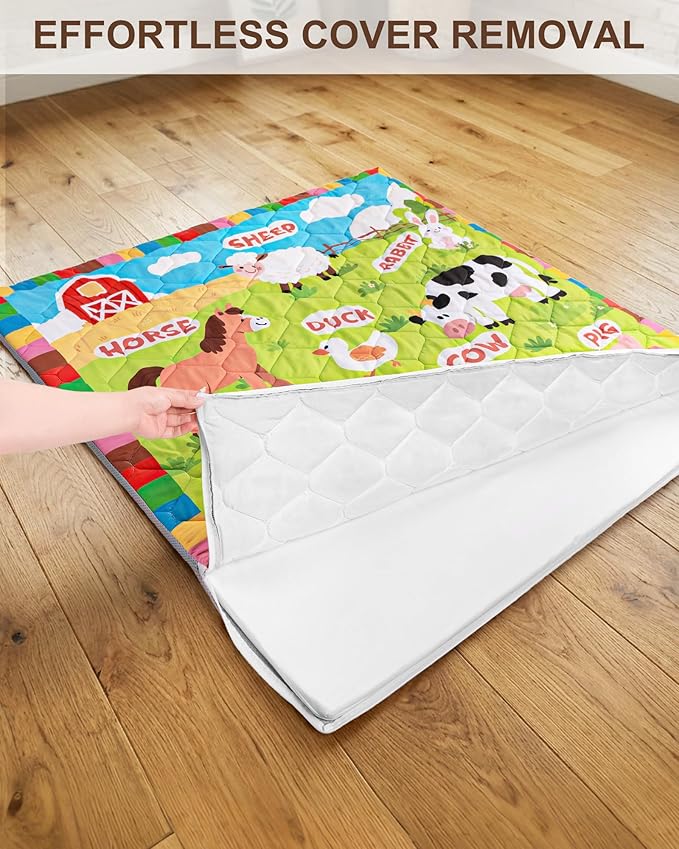 Foam Baby Play Mat 50x50, Removable and Machine Washable Cover, Thicken Cushioning Playmat and Perfect for Playpen, Non-Slip Bottom, Easy to Clean for Infants, Toddlers & Babies(Farm)