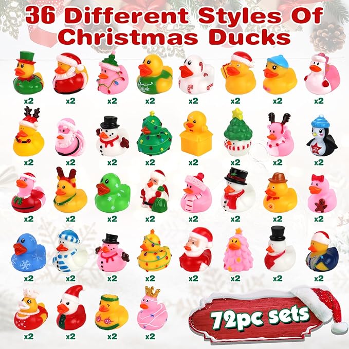 72 Pcs Christmas Rubber Ducks - Holiday Ducks Bag Fillers Ducking, Bathtub Toys, Party Favors, Classroom Game Prizes, Christmas Decorations