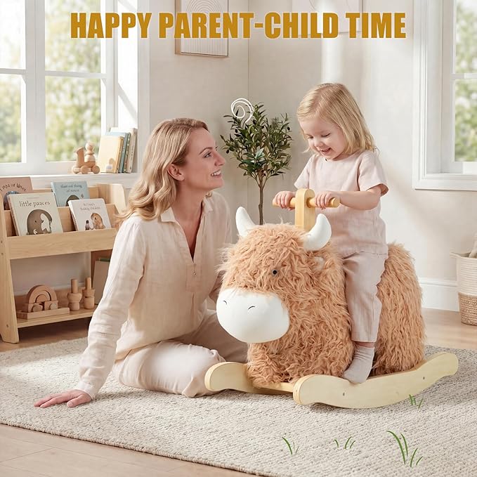 Baby Rocking Horse for 1 Year Old,Wooden Cow/Yak Horse Rocking with Wicker Plush Wooden Ride On Toy for 2 Years Old Girl&Boy Nursery Birthday Gift