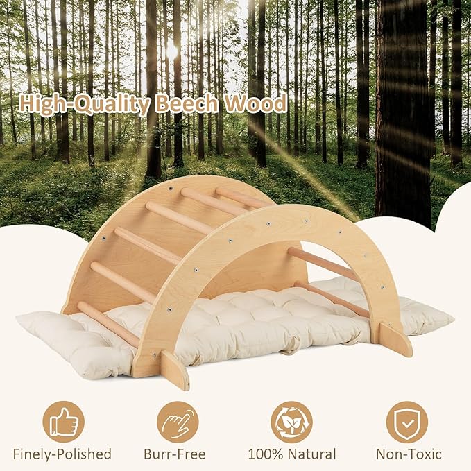 INFANS Wooden Arch Climber Rocker with Soft Cushion, 6 in 1 Montessori Climbing Toys for Toddlers, Waldorf Indoor Table Baby Children Ladder Gym Learning Playset for Kids (Natural with Desktop)