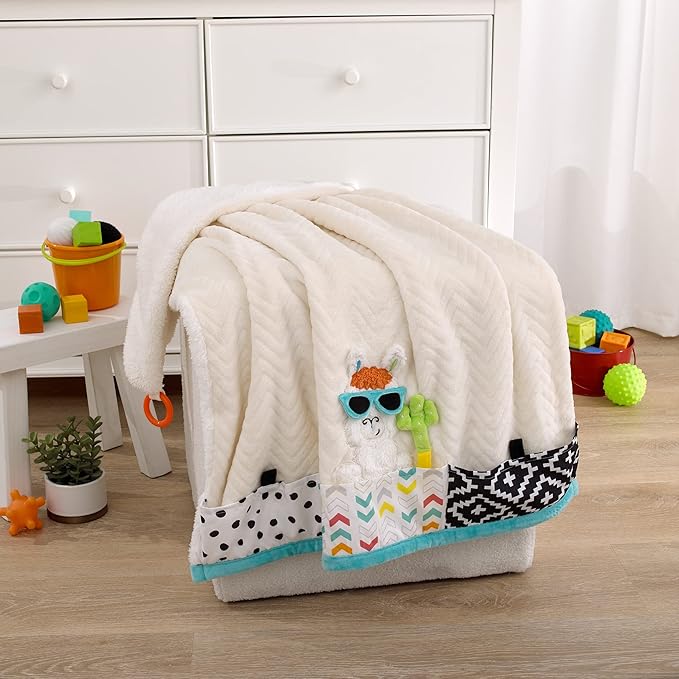 NoJo Sassy Baby Larry Llama White and Multi-Colored Super Soft Sherpa Baby Blanket with Teether Corners