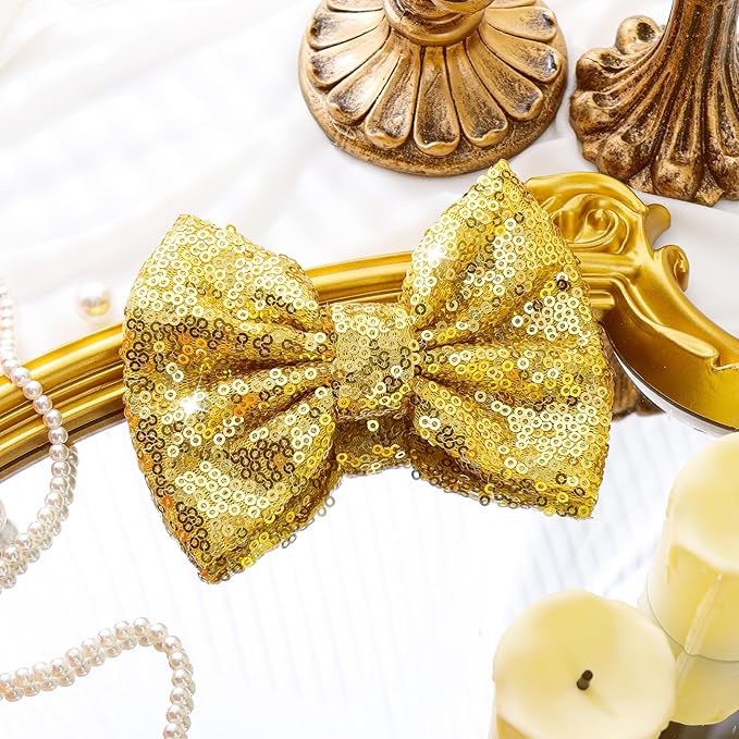 Hair Bows for Girls - Alligator Hair Clips, Sequin Big Bows for Babies, Toddlers, and Teens - Gold Bow Hair Accessories