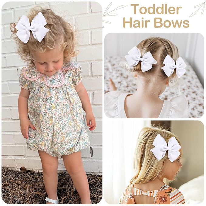 OAOLEER 5” 2PCS Hair Bows for Girls, White Grosgrain Ribbon Bows Hair Alligator Clips Hair Accessories for Girls Infants Toddlers Kids Teens Children (White)