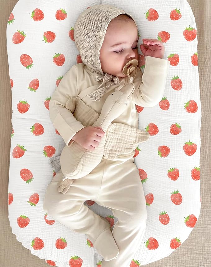 Muslin Baby Lounger Cover 2 Pack, Soft Breathable Newborn Lounger Pillow Cover for Boys Girls Infant (Strawberry & Pale Pink)