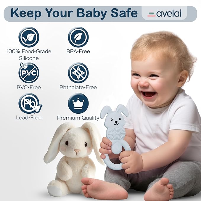 Bunny Baby Teether - Teething Toys for Babies 3-6 Months Teething Relief, Silicone Baby Teether Toys BPA Free, Baby Chew Toys & Infant Toys 0-12 Months, Baby Teethers Boys Girls