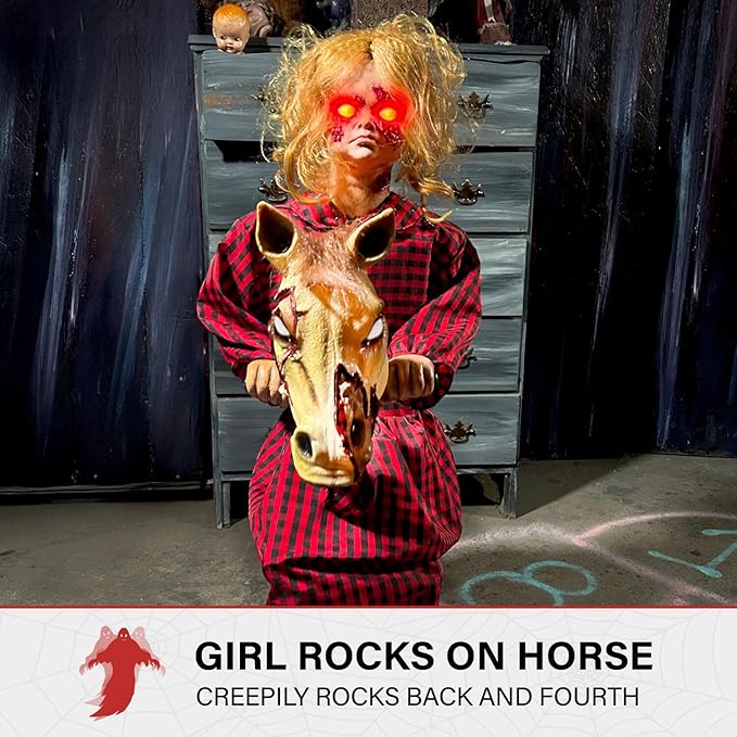 Haunted Hill Farm 3.2-Ft Animatronic Rocking Horse Girl, Halloween Animatronic, Creepy Gothic Horror Movie Décor, Scary Macabre Party Decoration with Voice & Sound-Activated Lights & Sound, Life-Size