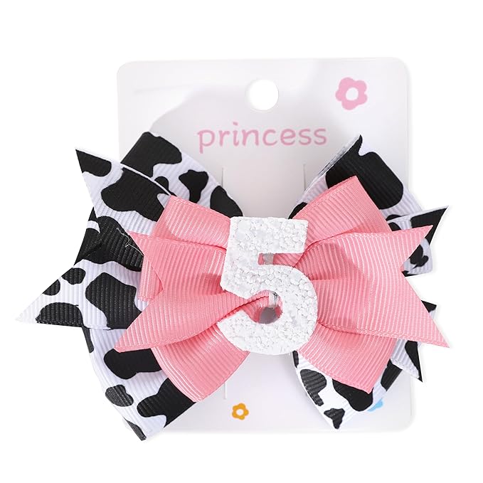 Cow Print Bow Headband for Baby Girl 5th Birthday Party Decorations, Pink Bow Headband, Farm Animal Themed Party Decor, Medium Sized, 1 Count