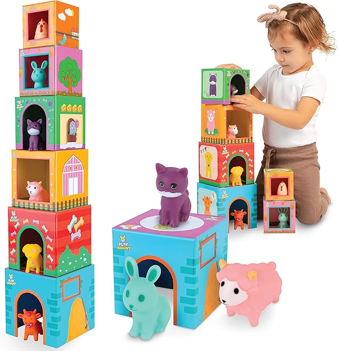 Play Brainy Farm Animal Sorting and Stacking Toys for Toddlers Ages 1-3 - 6 Sets of Animal Stacking Blocks Toddler Toys for Girls and Boys for Preschool Concepts & Early Learning Baby Gifts