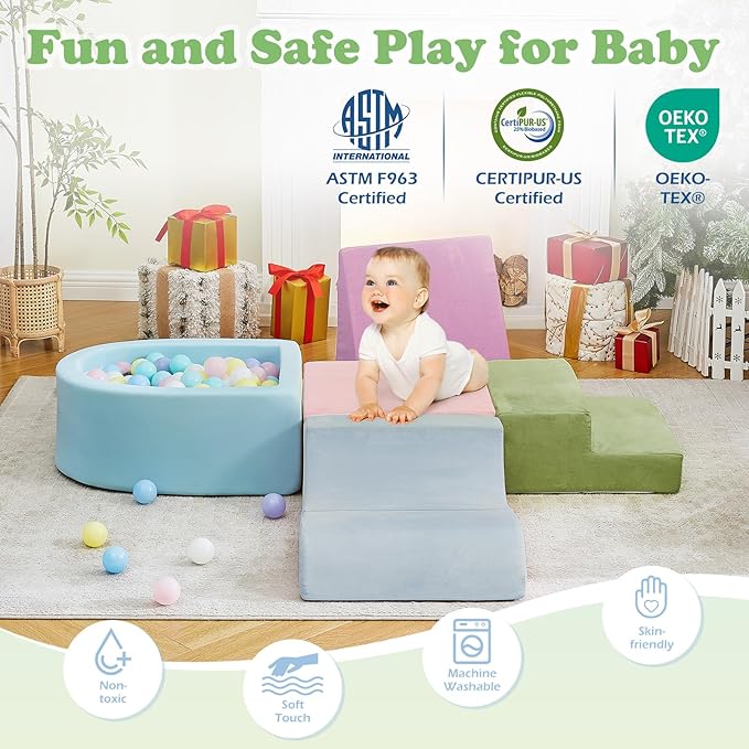 QUCHI 5-Piece Climbing Toys for Toddlers, Toddler Climbing Toys Indoor with Foam Ball Pit (Balls not Included), Soft Foam Climbing Blocks Set Indoor Play Gym for Crawling and Sliding