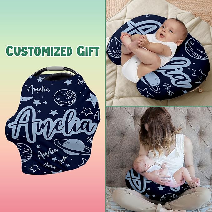 Custom Car Seat Covers for Babies - Breathable Blue Planet Baby Car Seat Cover for Girls Boys, Kick-Proof Newborn Carrier Canopy Stretchy Stroller Cover for 4 Seasons