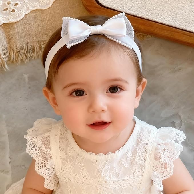 Baby Girls Headband White Bow Lace Headbands Soft Elastic Bowknot Hairbands Cute Hair Accessory for Newborn Kids Infant Toddler Baptism Birthday Party (White Bow)