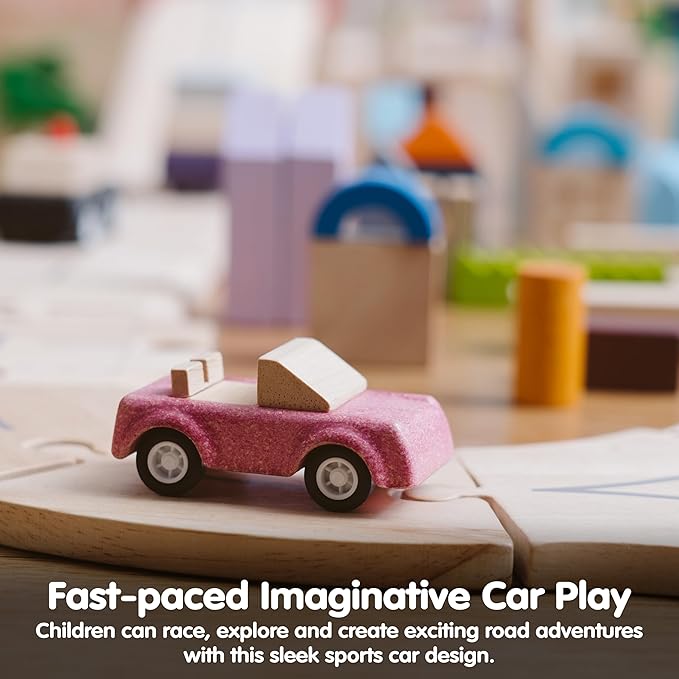 PlanToys® Pink Sports Car Wooden Montessori Vehicle Toy | Early Movement, Imagination and Practical Life Exploration | Eco Friendly Car for Indoor and Outdoor Play