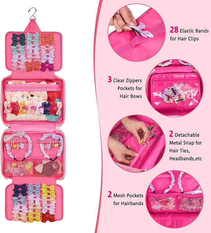 Hair Accessories Organizer, Dust-proof Bow Holder for Baby Girls, Travel Hair Storage Bag for Hair Clips, Headbands, Scrunchies and Hair Ties(Pink)
