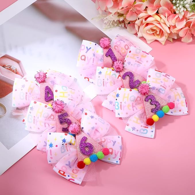 2Pcs Birthday Hair Bow for Baby Girls 1 2 3 4 5 6 Years, Pink Confetti Ice Cream Party Decorations, Sparkling Bows Hair Accessories for 2nd Birthday