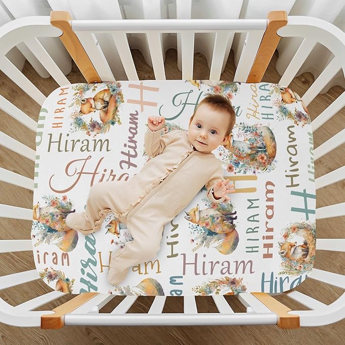 Personalized Name Pack and Play Sheets for Baby Girls Boys, Customized Stretchy Pack n Play Sheets with Name, Custom Cute Fox Mini Crib Mattress Sheets, Soft Breathable Playard Sheets Playpen Sheet