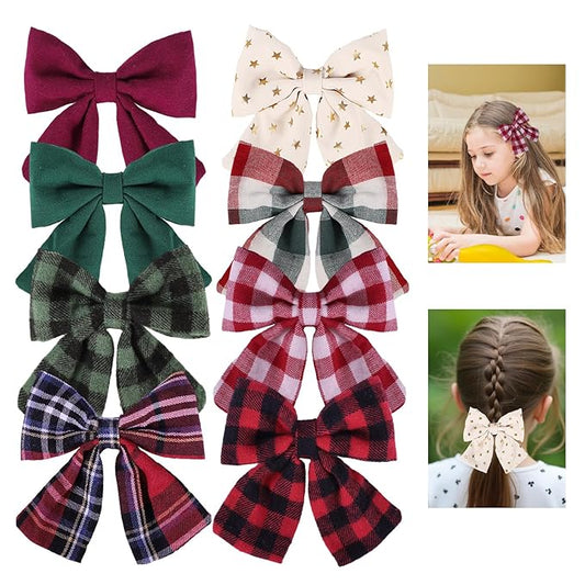 Obeoby Hair Bows with Hair Clips for Girls Toddlers, 8 Pcs Handmade 5" Floral Hair Accessories Red Bow for Kids 2-12 years Stocking Stuffers Christmas Gifts for Baby Teens Birthday School Party