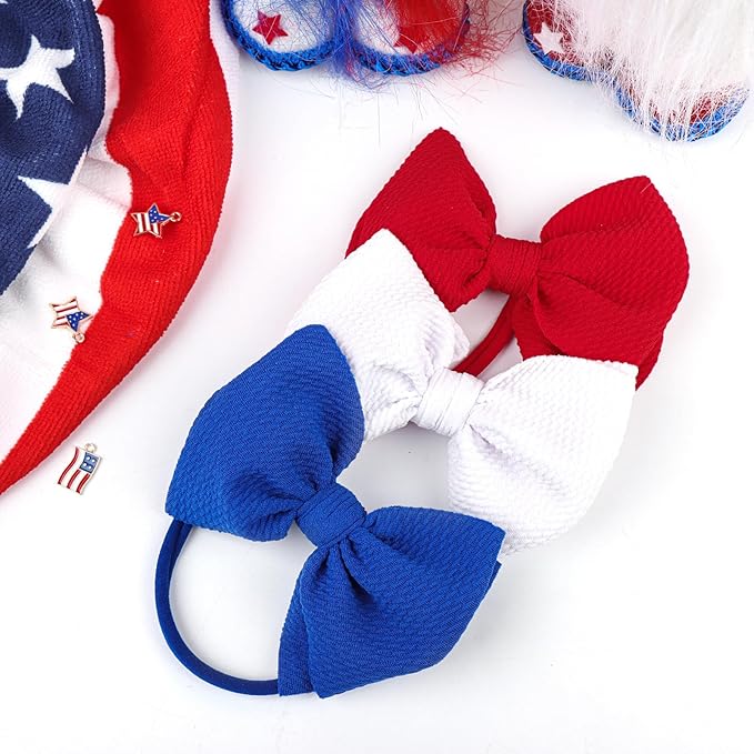 YanJie 3rd of July Hairband Nylon Baby Girl Bows with Red, White, Blue Accents - One Size Fits All Infant Toddler Headbands for Festivals, Everyday Wear, and Special Occasions - Set of 3