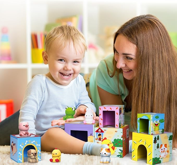 ShyLizard Toddler Farm Animal Sorting and Stacking Toys, Nesting Boxes and Blocks With Finger Puppets - Gifts for 1-3 Year Olds