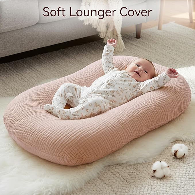Muslin Baby Lounger Cover 2 Pack, Cotton Soft Breathable Infant Nest Slipcovers, Envelope Closure, Compatible with Snuggle Me Loungers, Machine Washable, Cover Only, for Girls Boys(Pink & Purple)