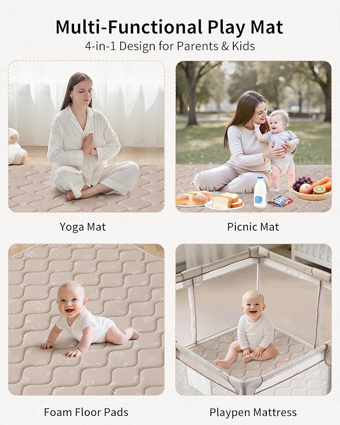 Fortella Extra Thick Baby Play Mat for 50" Playpen, 47"x47" Snug Fit Playpen Mat, Machine Washable Foam Play Mat for Floor - Portable, Non-Slip Tummy Time & Crawling Mat for Babies Toddlers (Forest Taupe)