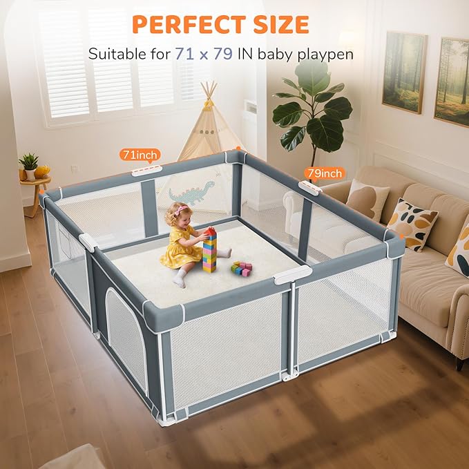 Omzer Baby Play Mat for Floor - 1.3" Thick Foam 71x79 Inch Playpen Mats with Removable & Washable Cover for Tummy Time, Soft Coral Velvet & Non-Slip Crawling Pad for Babies, Toddlers, Infants - Khaki