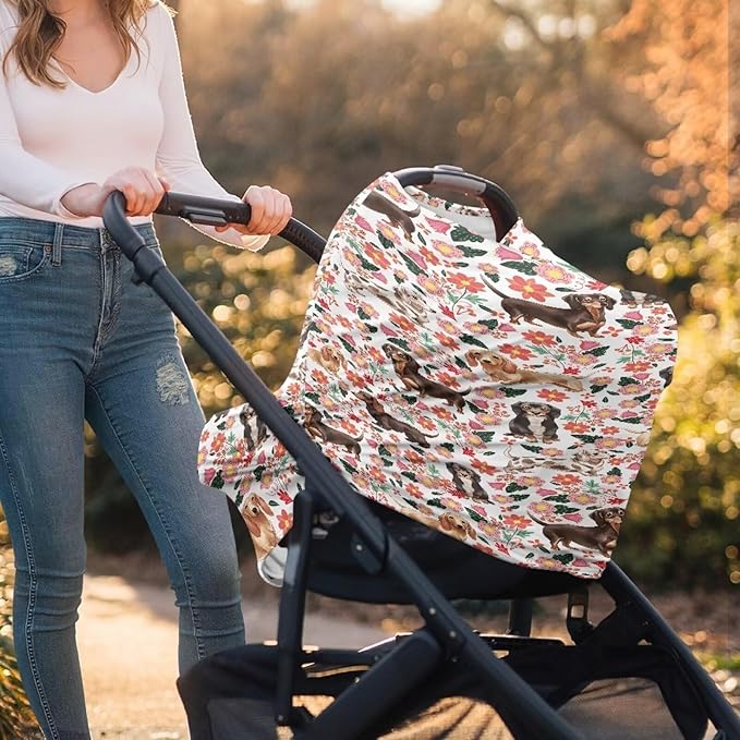 AFPANQZ Nursing Covers for Newborns Baby Dachshund with Floral Car Seat Covers for Baby Girls, All Season Baby Carseat Canopy Cover Ups Breastfeeding Scarves Breathable