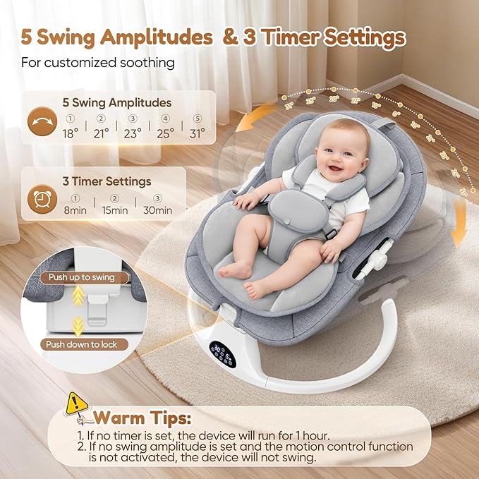 Baby Swings for Infants, Smelluck Electric Baby Swing with Upgraded 3 Adjustable Backrest, 12 Preset Melodies, 5 Speeds, Remote Control and Bluetooth, Portable Infant Swing for Indoor and Outdoor