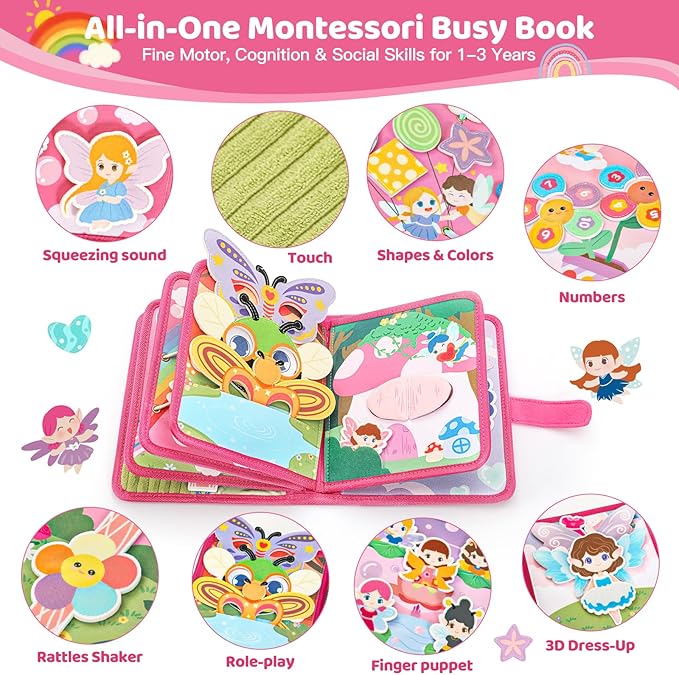 22 in 1 Busy Book for Toddlers 1-3, Sprite Montessori Toys for 1 Year Old with Fishing Game, Soft Sensory Toddler Busy Board, Airplane Travel Toys, Birthday Easter Gifts for 1 2 Year Old Girl