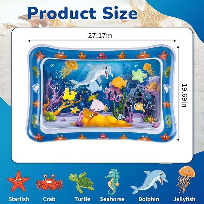 Tummy Time Water Mat for Babies, Inflatable Tummy Time Water Play Mat, with Bright and Colorful Patterns, for Interactive and Fun Early Learning, Ocean-Themed