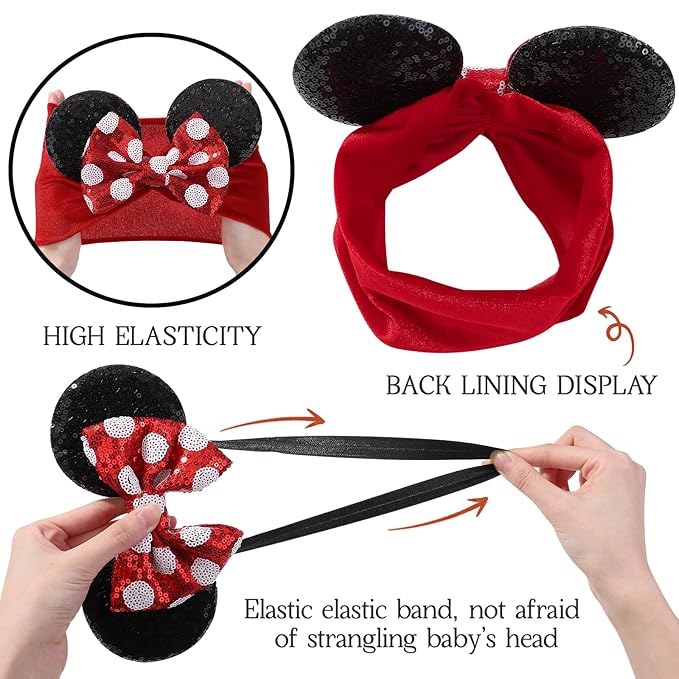 choicbaby Baby Girl Headbands Mouse Ears Headwrap with Sequin Polka Dot Bow Soft Stretchy Nylon Hair Bands for Newborn Infant Baby Toddler Girls- Pack of 2