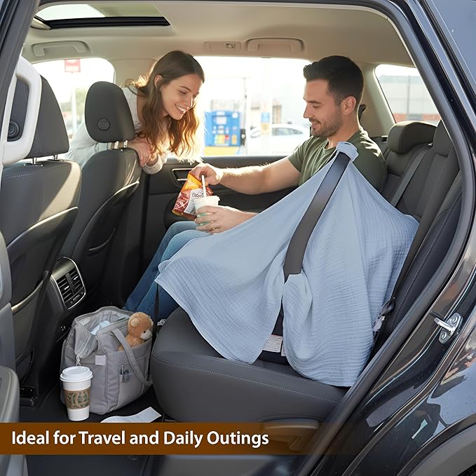 100% Organic Muslin Cotton Car Seat Cover 35 x 50 Inches Soft Touch Breathable Canopy, Protective Car Seat Cover Baby All Seasons Lightweight Car Seat Cover Travel Comfort (Blue)