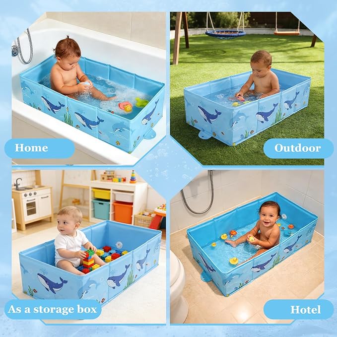 AirSwim Collapsible Baby Bathtub, Foldable Bathtub with a Drain Plug for 6M-4Y Infant Toddler, Space Saving Portable Baby Bath Tub for Travel, Quick Drain and Easy to Clean, No Assembly Required, Blue