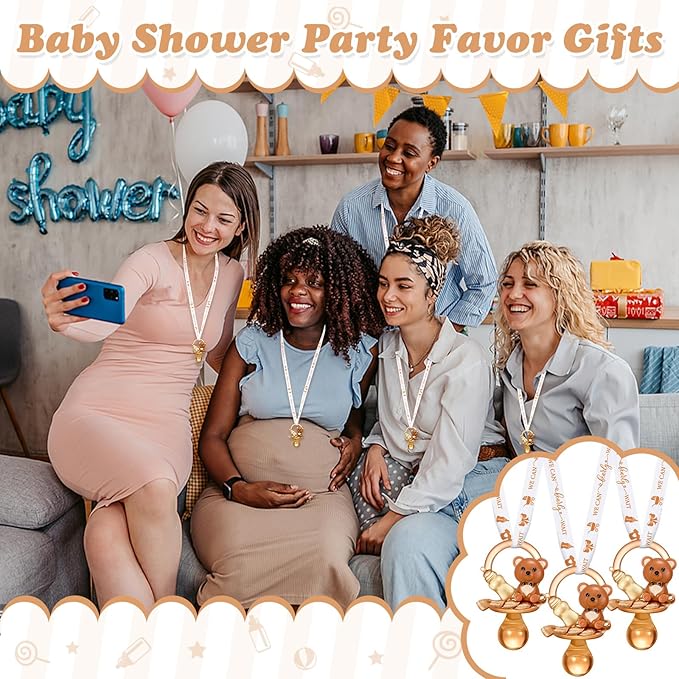 Coume 36 Pcs Shower Party Pacifiers Necklace Bear Bottle Acrylic Pacifiers Charm Pacifier Chain for Guests Gender Reveal Party Favors Prize Table Scatter (White,Brown,Elegant)