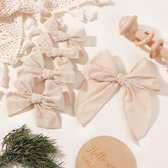 YHXX YLEN 5PCS Khaki Cotton Linen Hair Bows for Girls Handmade Alligator Clip Hair Accessories for Babies Infant Toddlers Kids(5inch×1, 4inch×2, 3.5inch×2)