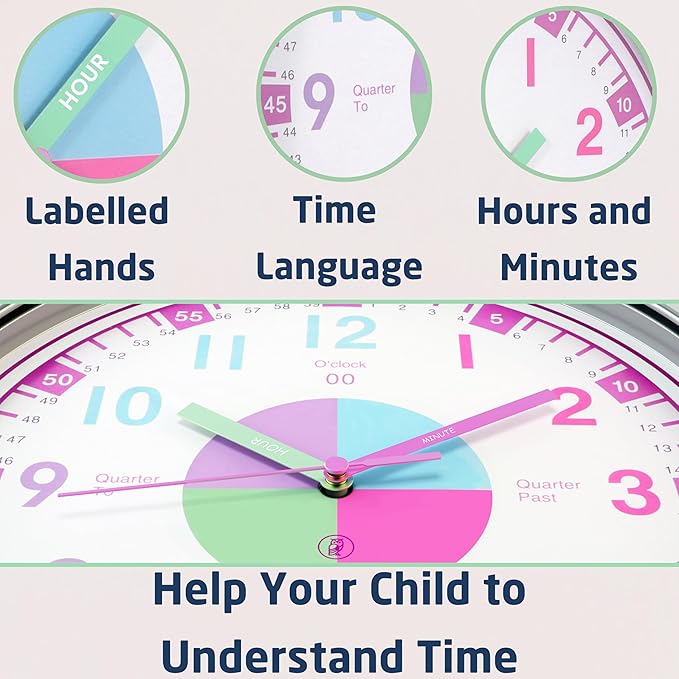 OWLCONIC Clock for Kids – Educational Analog Learning Wall Clock, Non Ticking Teaching Clock for Classroom & Homeschool, Silent Kids Bedroom Décor Pastel Pink