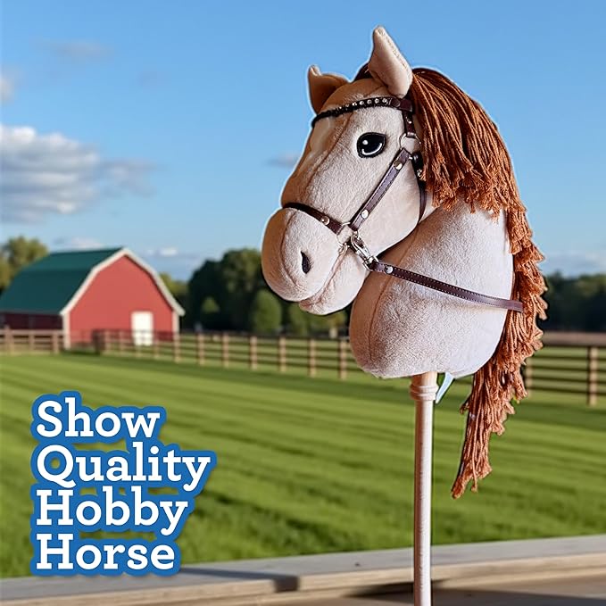 Playful Minds Large Hobby Horse for Kids and Adults – Show Quality with Rhinestone Studded Bridle, Removable Reins, and Long Mane – Plush Handmade Tournament Stick Horse, Palomino
