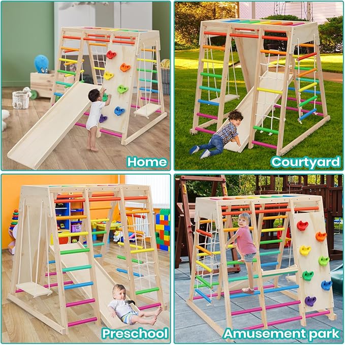 EDOSTORY 7 in 1 Pikler Indoor Playground Jungle Gym Playset, Wooden Montessori Climber with Slide, Rock Climb Wall, Monkey Bars, Rope Ladder, Climbing Rope and Swing for Kids（Rainbow）