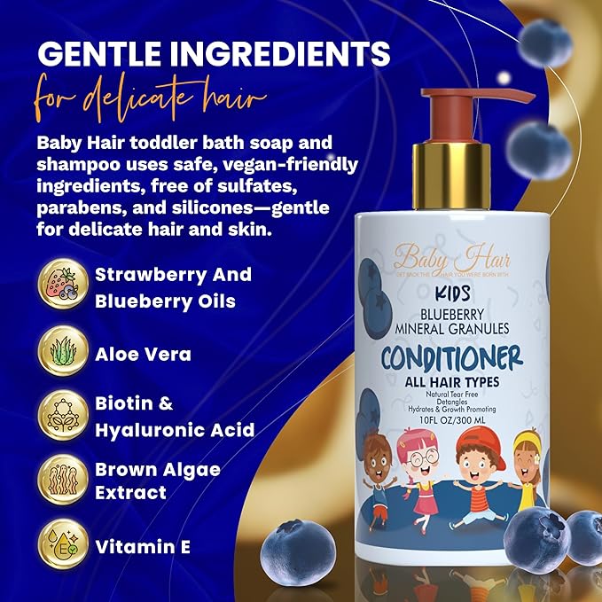 BABY HAIR - Blueberry Mineral Kids Hair Conditioner, Sulfate-Free Toddler Hair Conditioner, Hair Conditioner for Kids with Blueberry & Strawberry Oil, Aloe Vera, and Biotin, 10 fl.oz