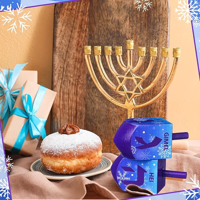 Wonderjune 2 Pcs Hanukkah Dreidels Extra Large Wooden Dreidel for Hanukkah Decoration with English Transliteration, Forever Spinning Tops Party Favors(Snowflake)